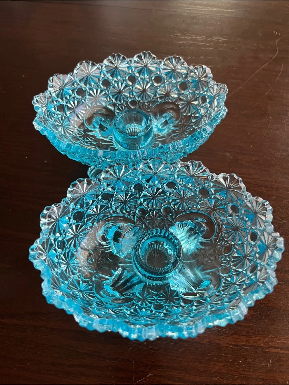 Set of 2 L.G. Wright Blue Daisy & Button Footed Dishes w/ candle holder centers
